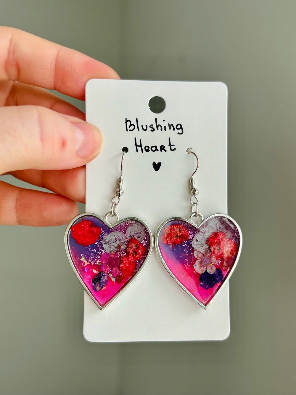 Blushing Heart Resin Heart Earrings Handmade Real Dried Flower Romantic